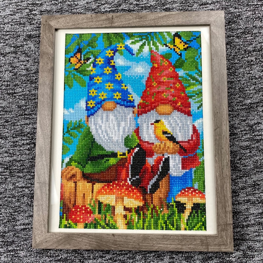 Framed Gnome Diamond Art Garden Birds Mushrooms Butterfly 13x16 Rhinestone Decor